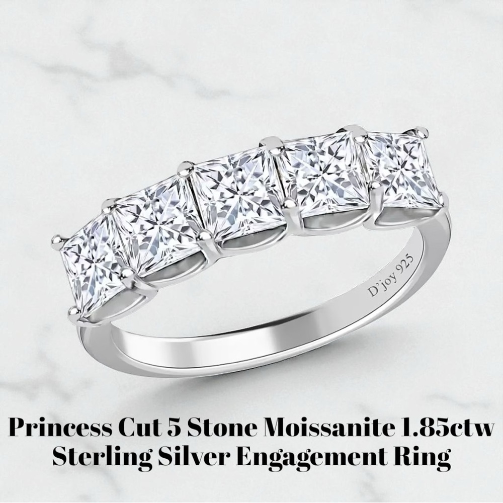 Princess Cut 5 Stone Moissanite 1.85ctw Engagement Sterling Silver Ring